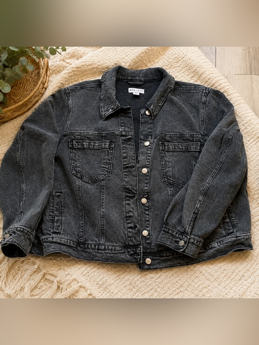 Ava & Viv Washed Black Denim Jacket 2X Oversized Button Front Jean Jacket